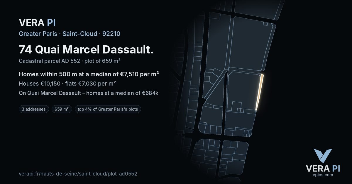 74 Quai Marcel Dassault, Saint-Cloud at night – the plot lit, the parcels around coloured by the prices near them