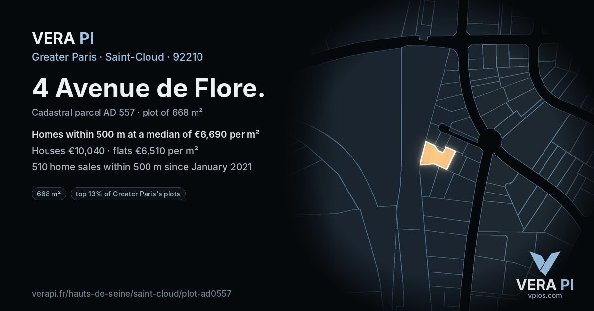 4 Avenue de Flore, Saint-Cloud at night – the plot lit, the parcels around coloured by the prices near them