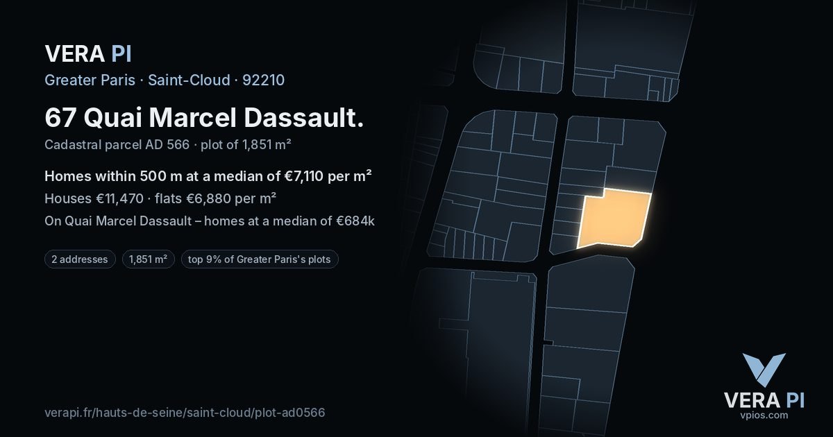 67 Quai Marcel Dassault, Saint-Cloud at night – the plot lit, the parcels around coloured by the prices near them