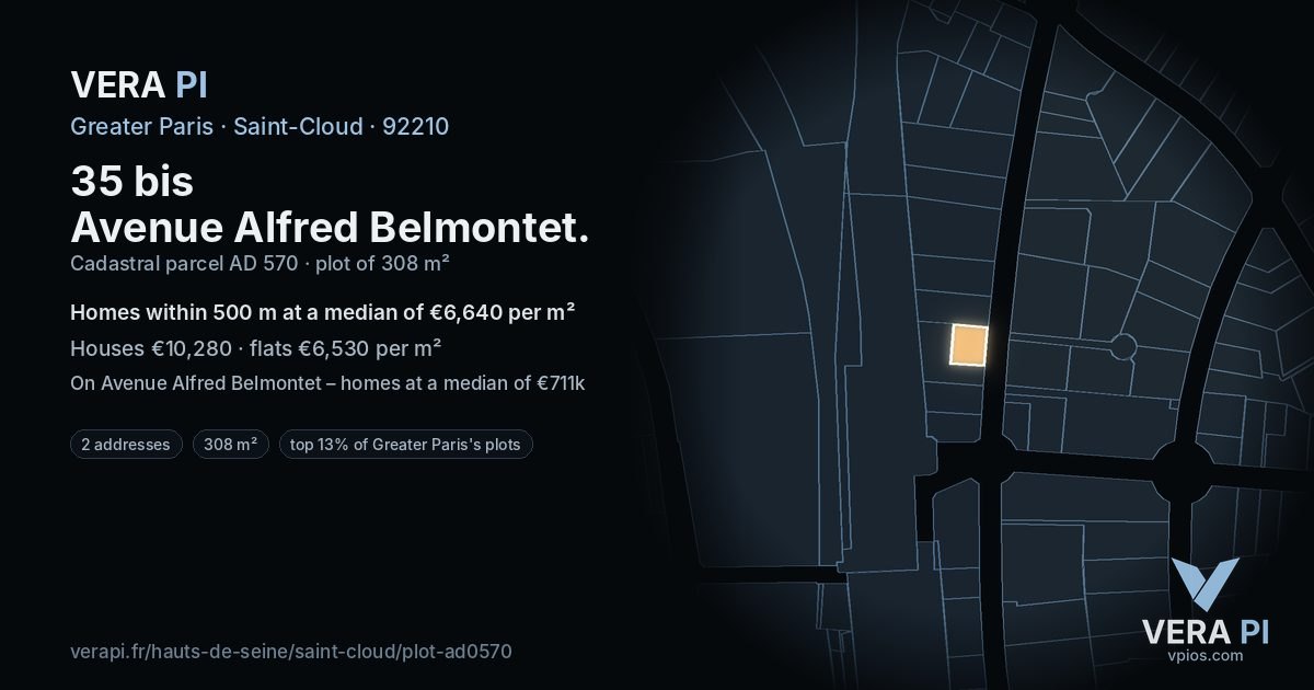 35 bis Avenue Alfred Belmontet, Saint-Cloud at night – the plot lit, the parcels around coloured by the prices near them