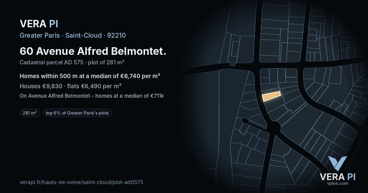 60 Avenue Alfred Belmontet, Saint-Cloud at night – the plot lit, the parcels around coloured by the prices near them
