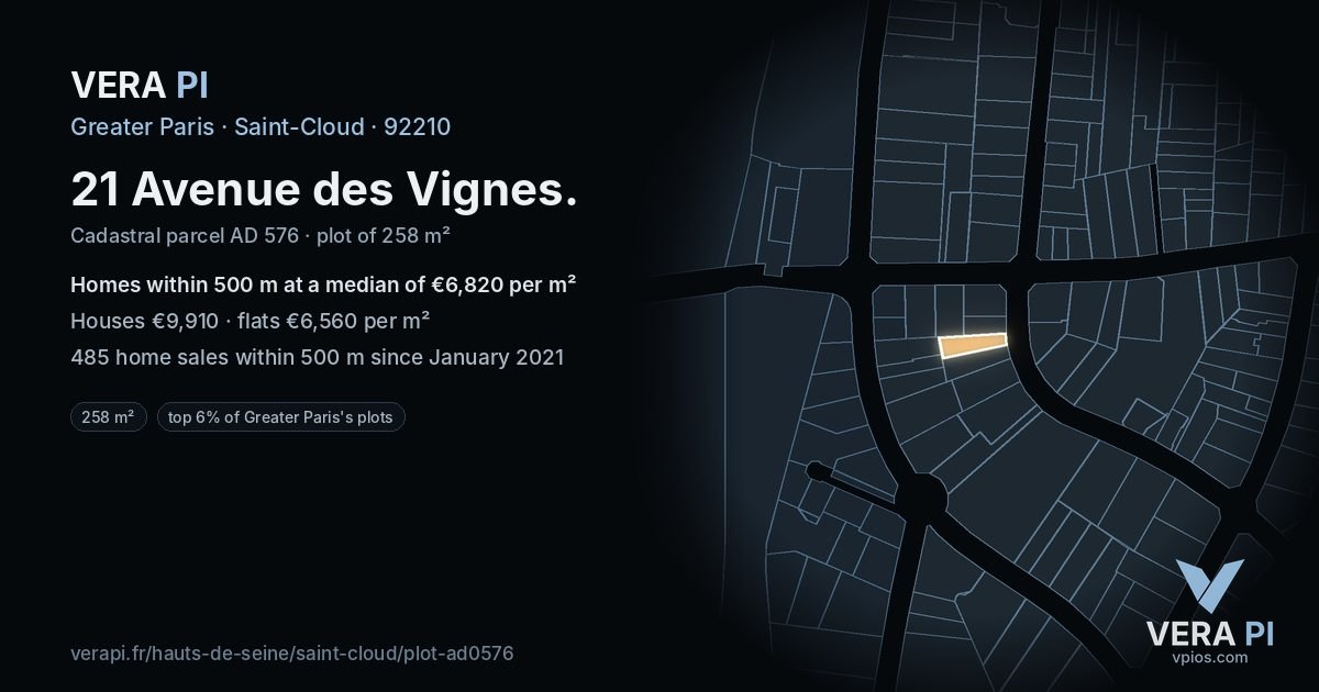 21 Avenue des Vignes, Saint-Cloud at night – the plot lit, the parcels around coloured by the prices near them