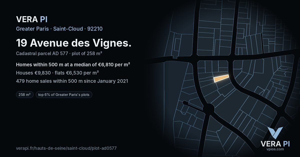 19 Avenue des Vignes, Saint-Cloud at night – the plot lit, the parcels around coloured by the prices near them
