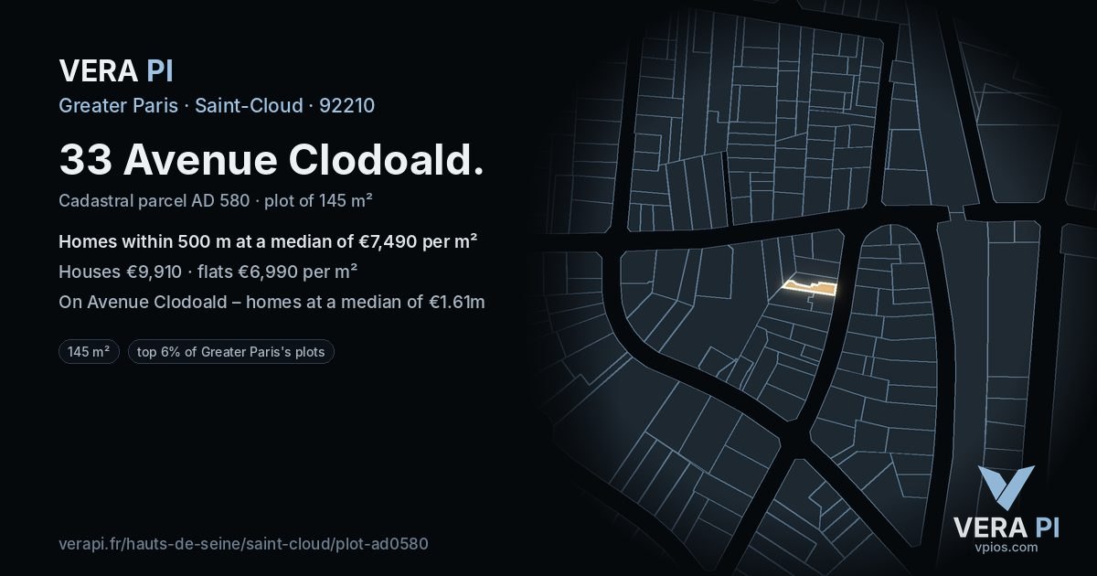 33 Avenue Clodoald, Saint-Cloud at night – the plot lit, the parcels around coloured by the prices near them