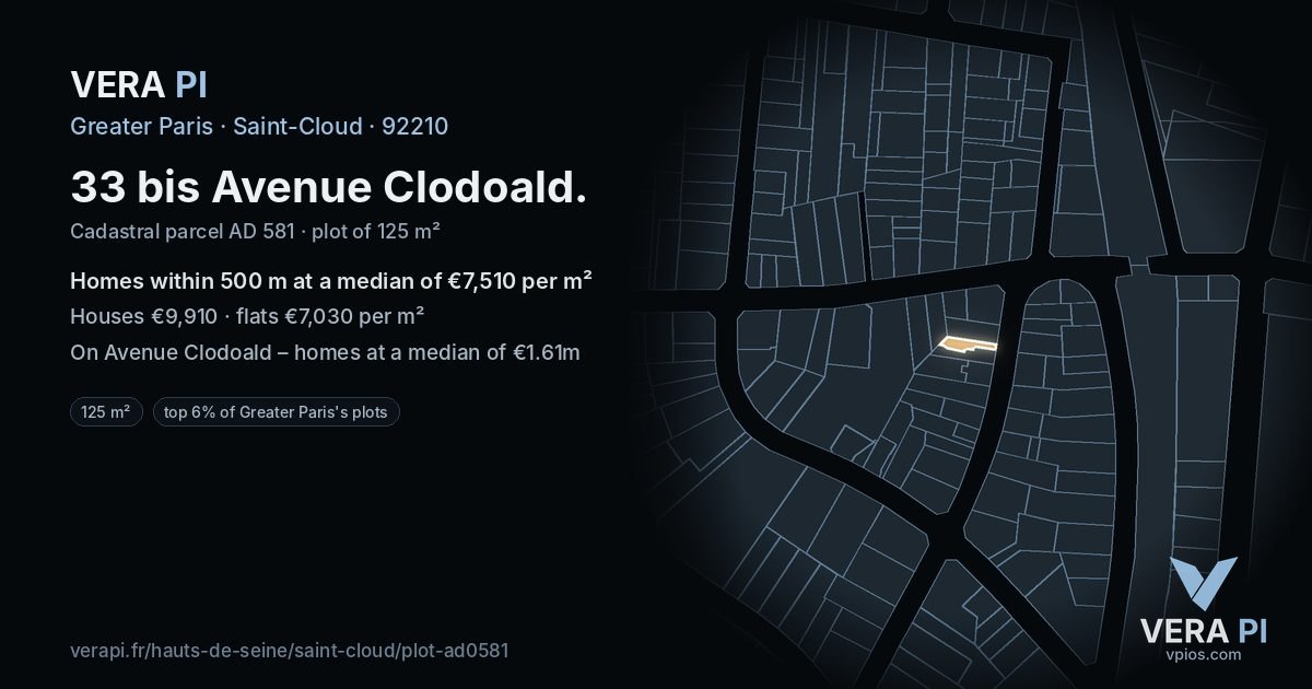 33 bis Avenue Clodoald, Saint-Cloud at night – the plot lit, the parcels around coloured by the prices near them