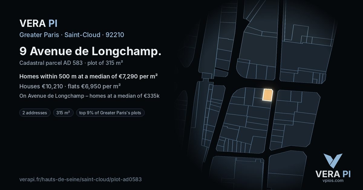 9 Avenue de Longchamp, Saint-Cloud at night – the plot lit, the parcels around coloured by the prices near them