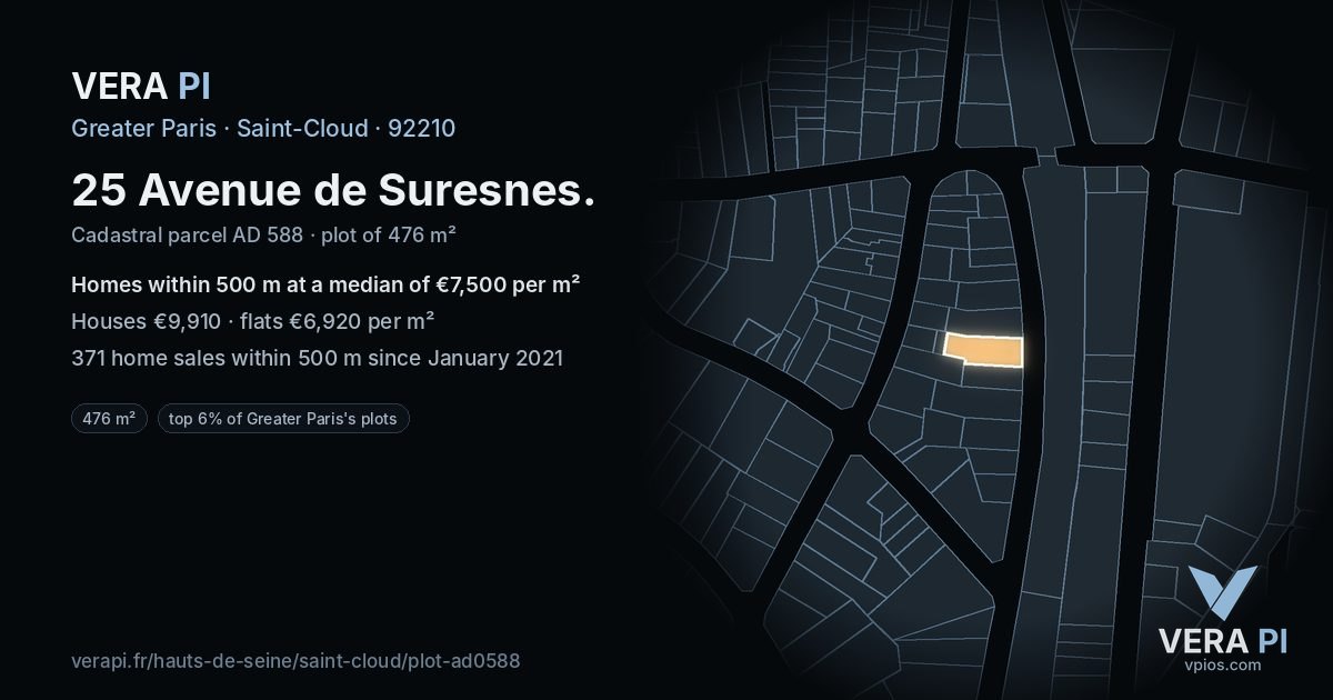 25 Avenue de Suresnes, Saint-Cloud at night – the plot lit, the parcels around coloured by the prices near them