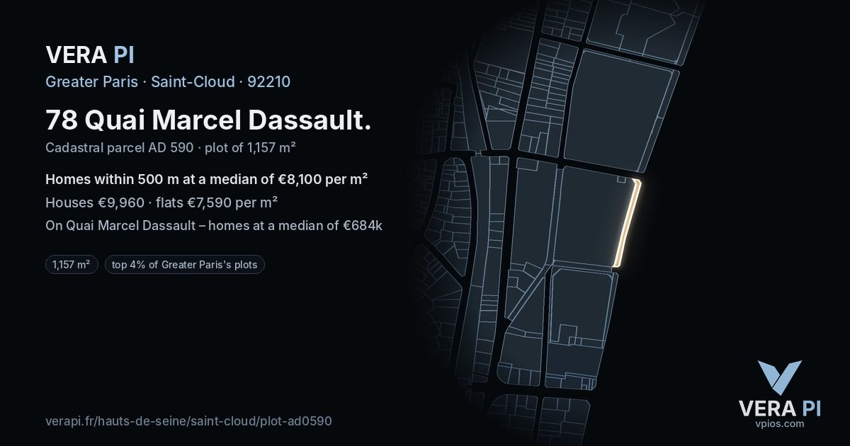 78 Quai Marcel Dassault, Saint-Cloud at night – the plot lit, the parcels around coloured by the prices near them