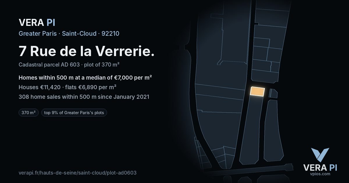 7 Rue de la Verrerie, Saint-Cloud at night – the plot lit, the parcels around coloured by the prices near them