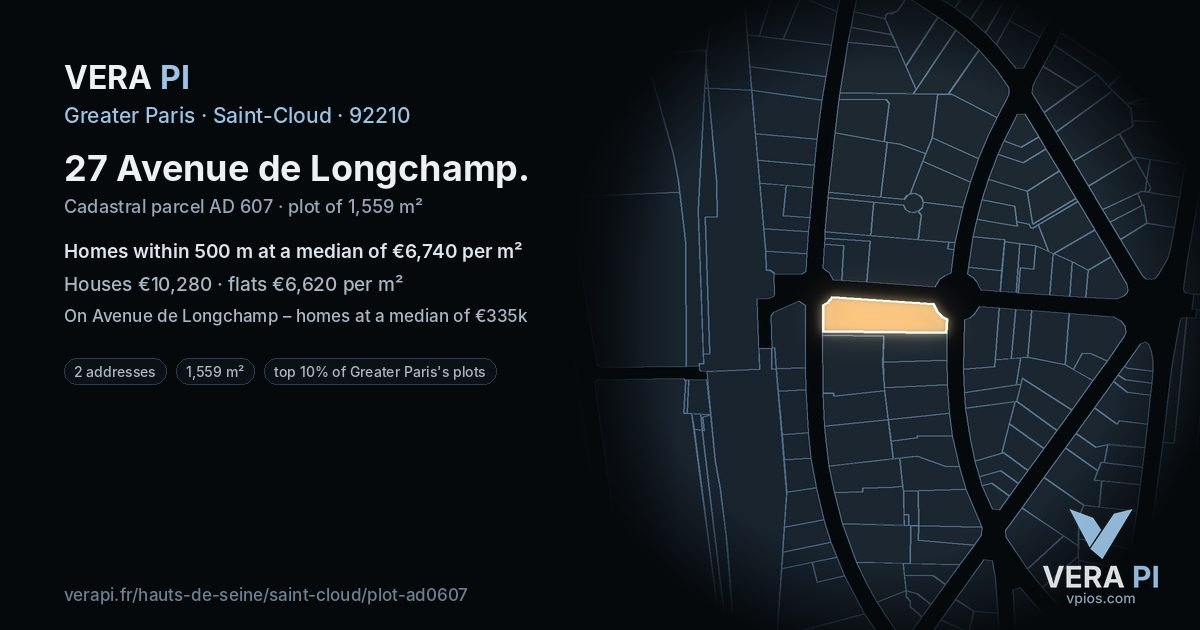 27 Avenue de Longchamp, Saint-Cloud at night – the plot lit, the parcels around coloured by the prices near them
