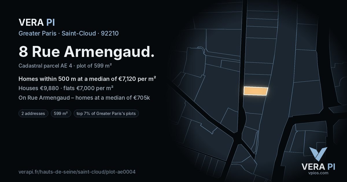 8 Rue Armengaud, Saint-Cloud at night – the plot lit, the parcels around coloured by the prices near them
