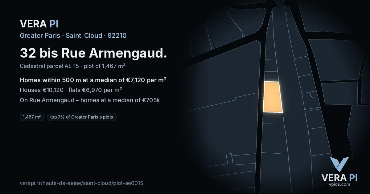 32 bis Rue Armengaud, Saint-Cloud at night – the plot lit, the parcels around coloured by the prices near them