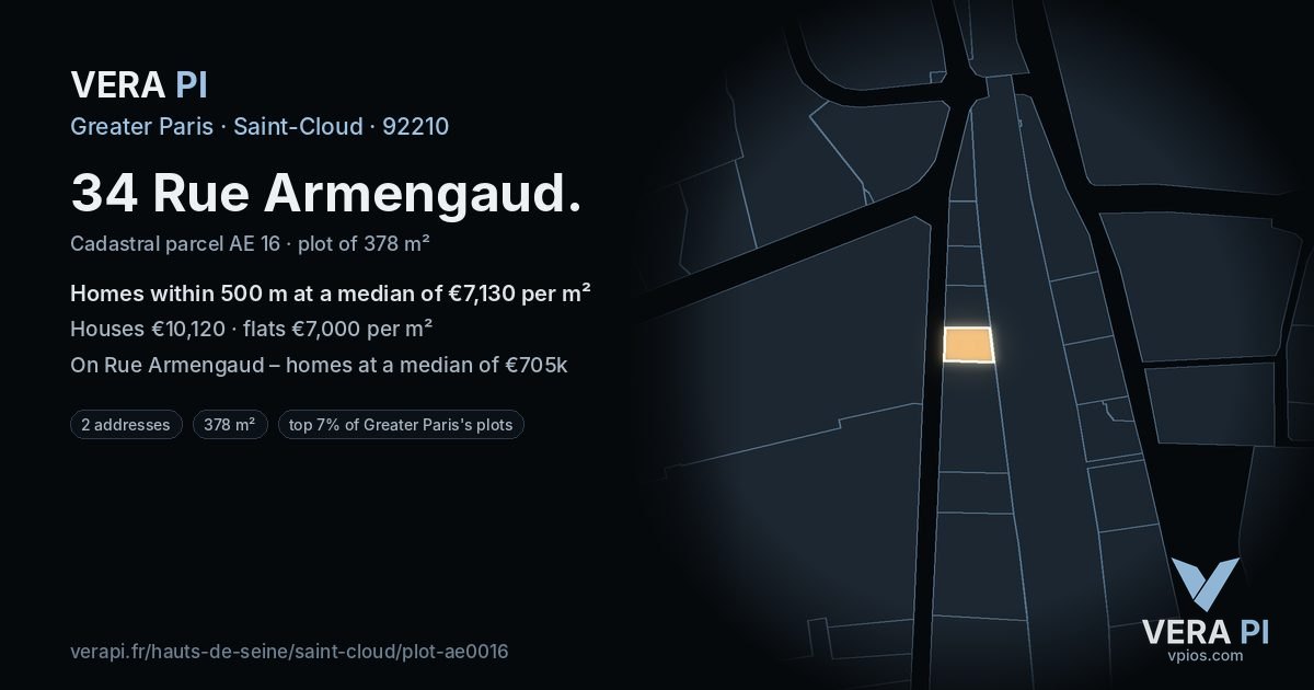 34 Rue Armengaud, Saint-Cloud at night – the plot lit, the parcels around coloured by the prices near them