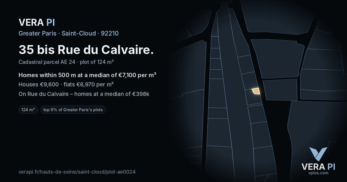 35 bis Rue du Calvaire, Saint-Cloud at night – the plot lit, the parcels around coloured by the prices near them