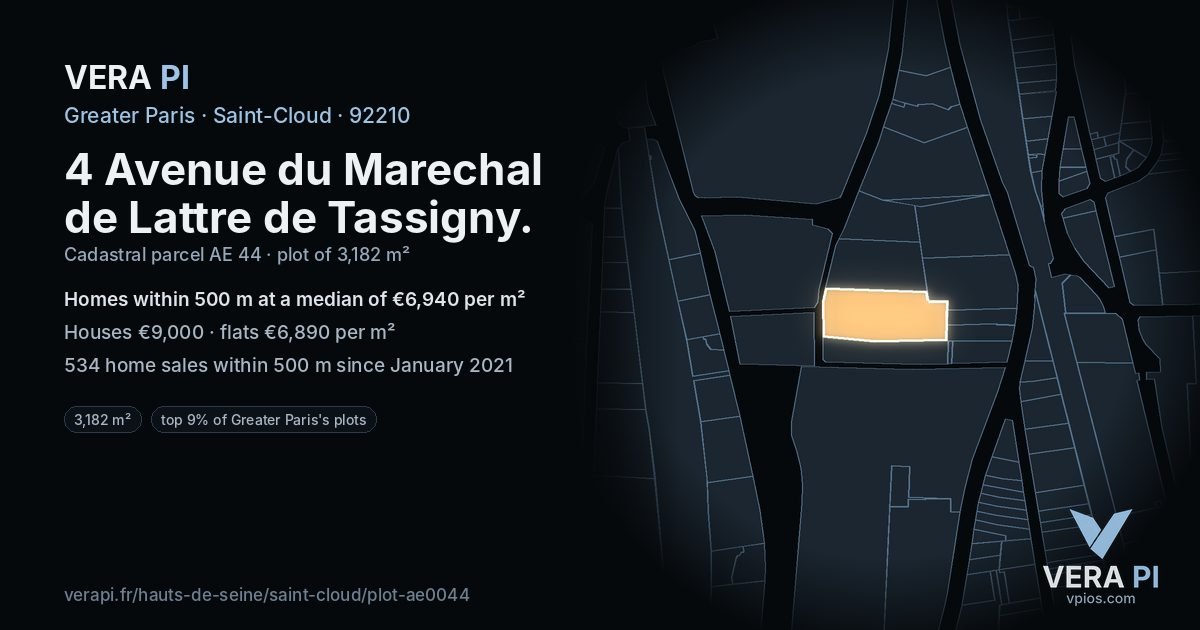 4 Avenue du Marechal de Lattre de Tassigny, Saint-Cloud at night – the plot lit, the parcels around coloured by the prices near them