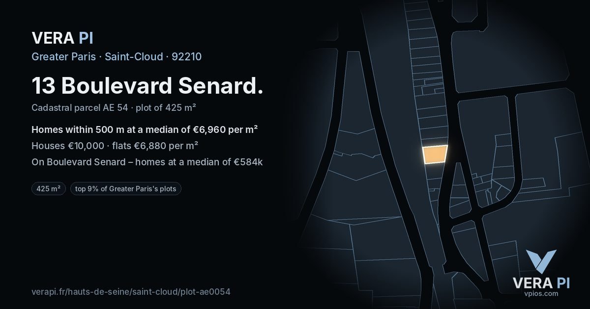 13 Boulevard Senard, Saint-Cloud at night – the plot lit, the parcels around coloured by the prices near them