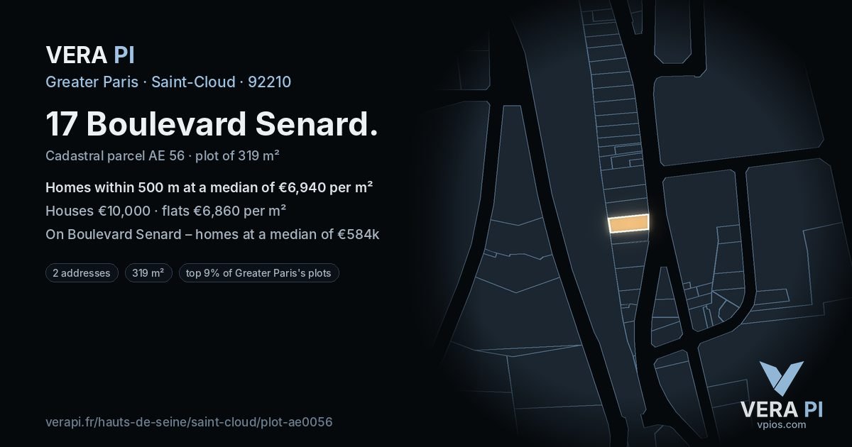 17 Boulevard Senard, Saint-Cloud at night – the plot lit, the parcels around coloured by the prices near them