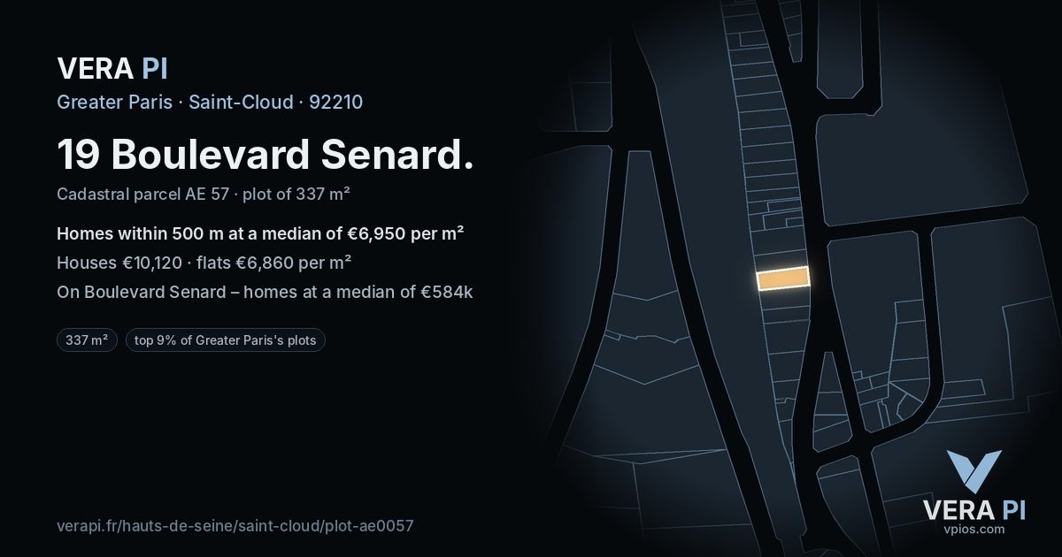 19 Boulevard Senard, Saint-Cloud at night – the plot lit, the parcels around coloured by the prices near them