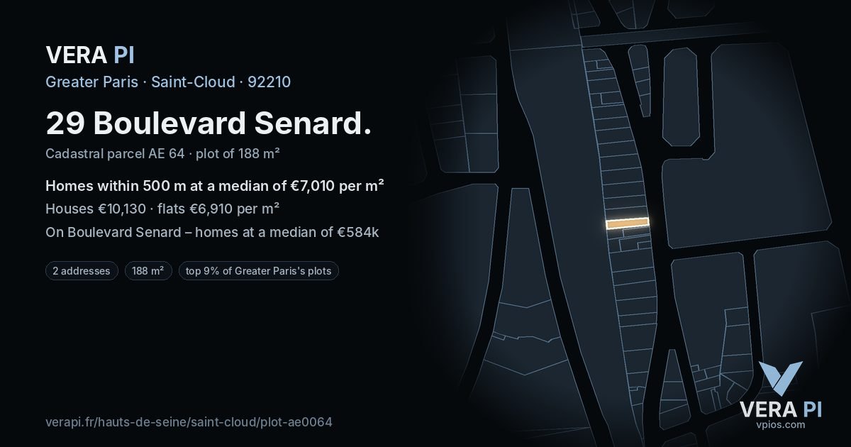 29 Boulevard Senard, Saint-Cloud at night – the plot lit, the parcels around coloured by the prices near them