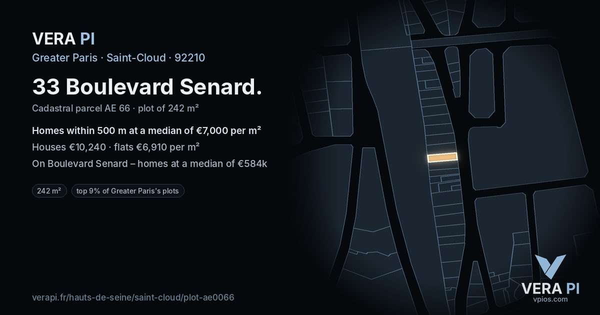 33 Boulevard Senard, Saint-Cloud at night – the plot lit, the parcels around coloured by the prices near them