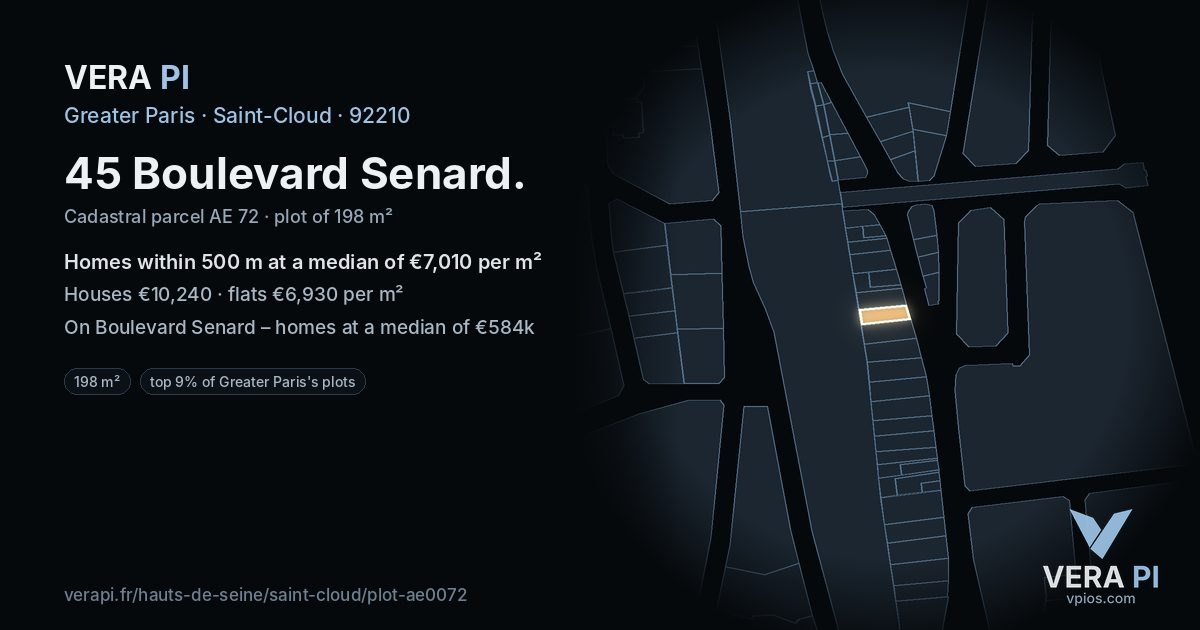 45 Boulevard Senard, Saint-Cloud at night – the plot lit, the parcels around coloured by the prices near them