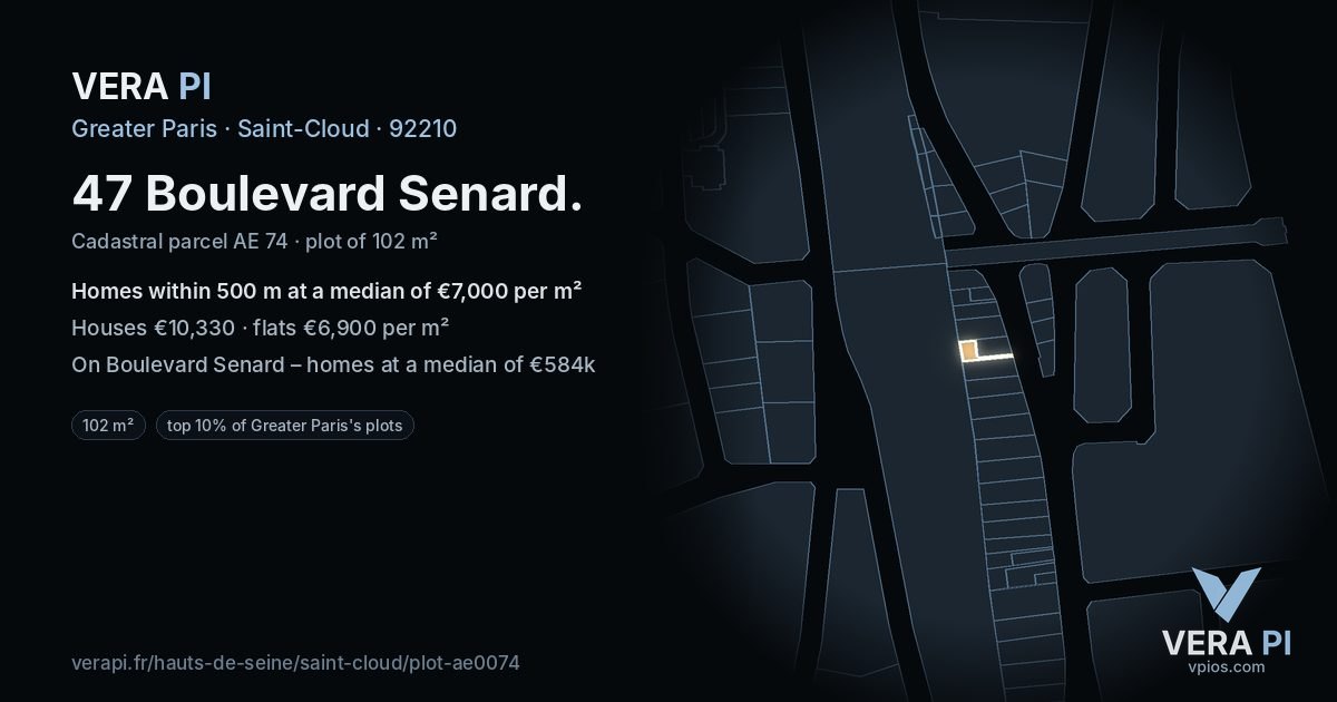 47 Boulevard Senard, Saint-Cloud at night – the plot lit, the parcels around coloured by the prices near them