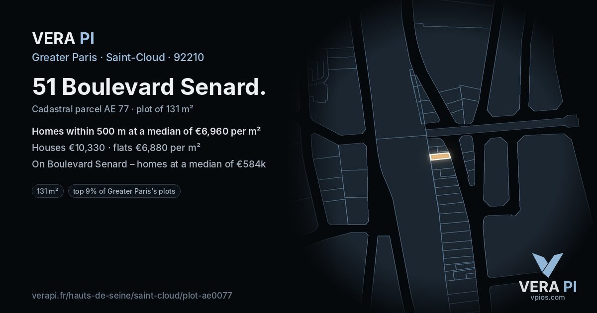 51 Boulevard Senard, Saint-Cloud at night – the plot lit, the parcels around coloured by the prices near them