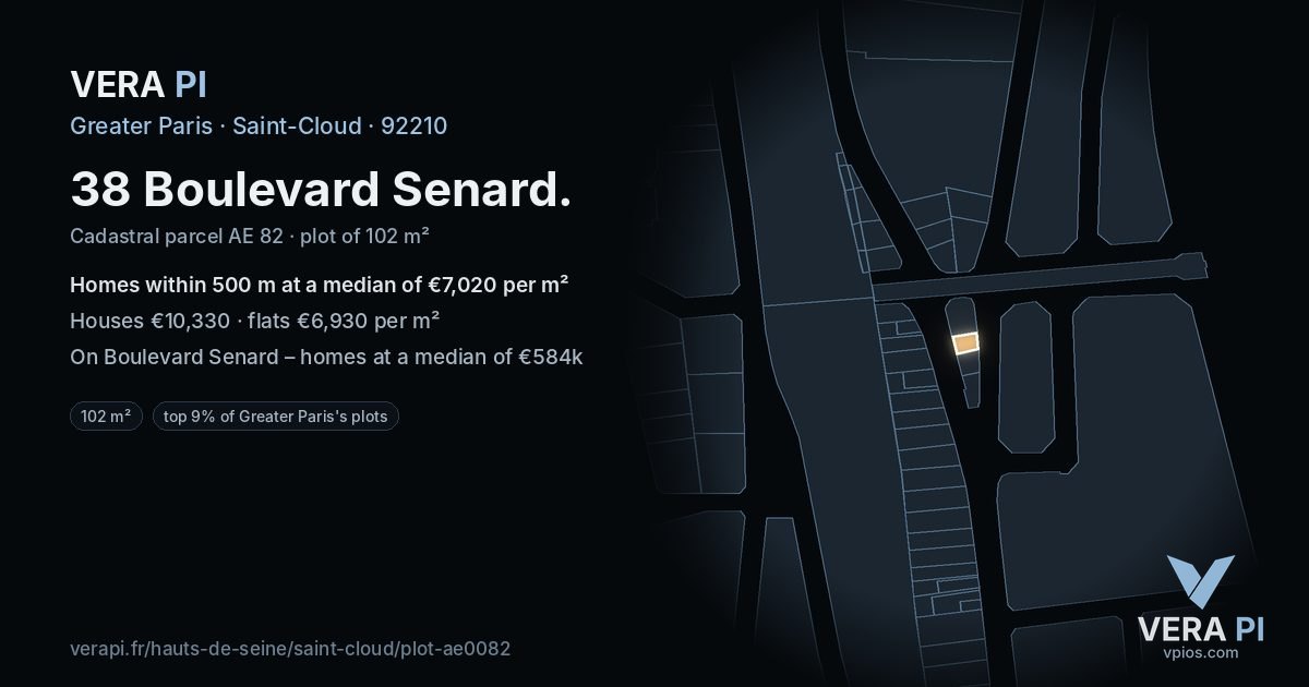 38 Boulevard Senard, Saint-Cloud at night – the plot lit, the parcels around coloured by the prices near them