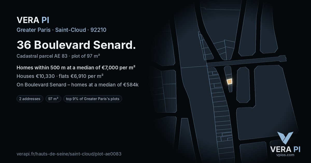 36 Boulevard Senard, Saint-Cloud at night – the plot lit, the parcels around coloured by the prices near them