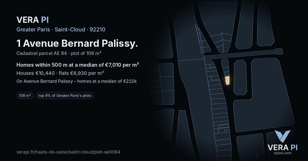 1 Avenue Bernard Palissy, Saint-Cloud at night – the plot lit, the parcels around coloured by the prices near them
