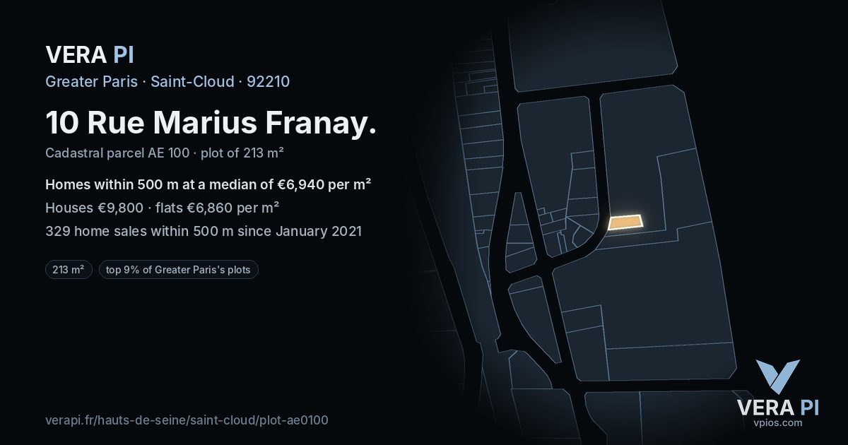 10 Rue Marius Franay, Saint-Cloud at night – the plot lit, the parcels around coloured by the prices near them