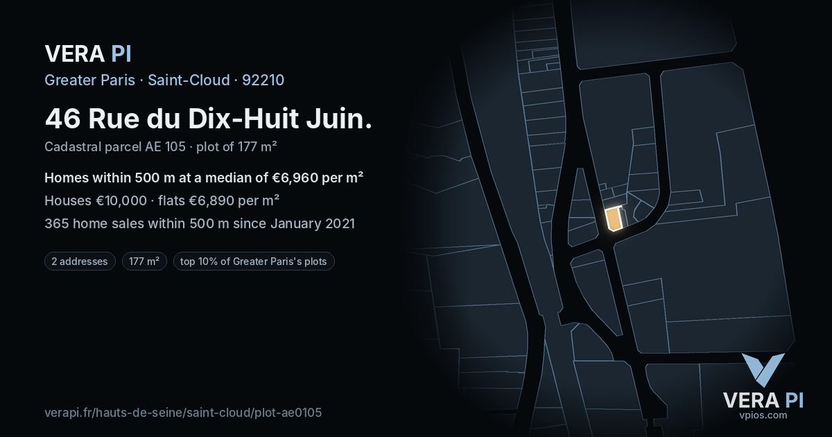 46 Rue du Dix-Huit Juin, Saint-Cloud at night – the plot lit, the parcels around coloured by the prices near them