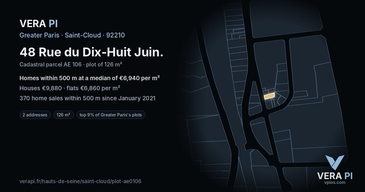 48 Rue du Dix-Huit Juin, Saint-Cloud at night – the plot lit, the parcels around coloured by the prices near them