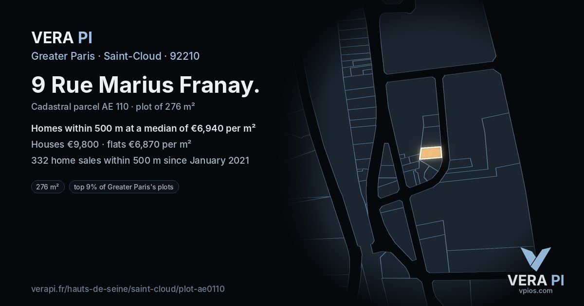 9 Rue Marius Franay, Saint-Cloud at night – the plot lit, the parcels around coloured by the prices near them