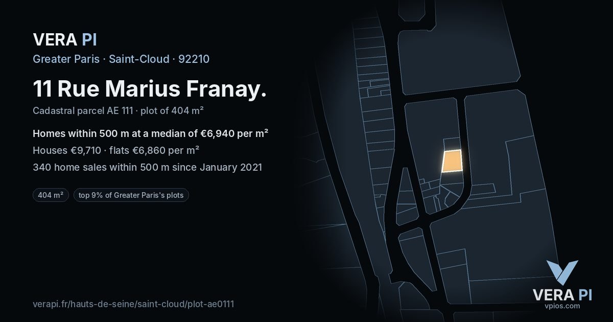 11 Rue Marius Franay, Saint-Cloud at night – the plot lit, the parcels around coloured by the prices near them