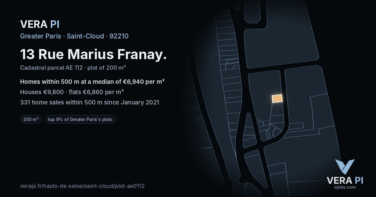 13 Rue Marius Franay, Saint-Cloud at night – the plot lit, the parcels around coloured by the prices near them