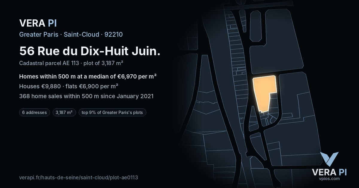 56 Rue du Dix-Huit Juin, Saint-Cloud at night – the plot lit, the parcels around coloured by the prices near them
