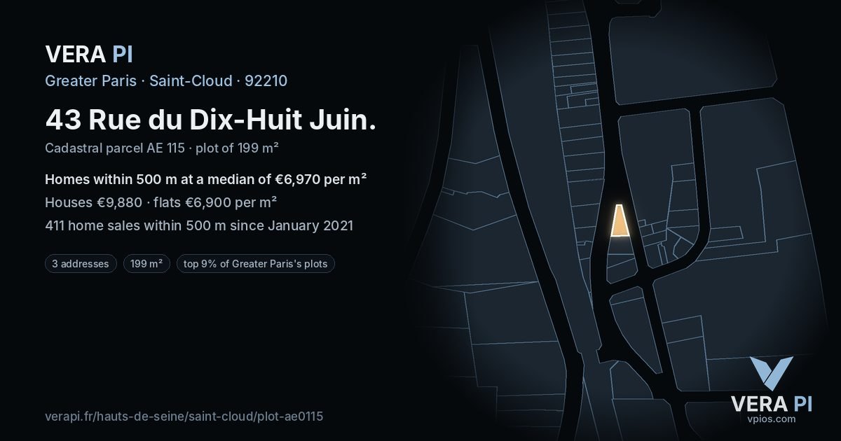 43 Rue du Dix-Huit Juin, Saint-Cloud at night – the plot lit, the parcels around coloured by the prices near them