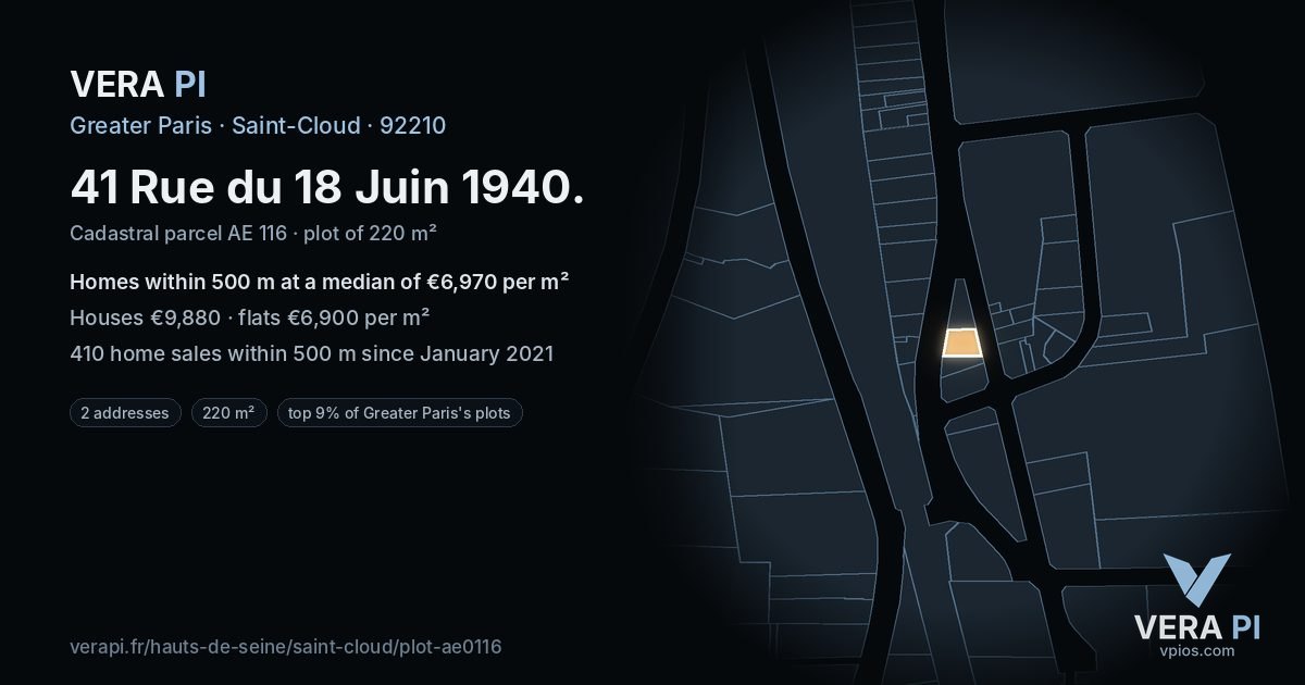 41 Rue du 18 Juin 1940, Saint-Cloud at night – the plot lit, the parcels around coloured by the prices near them