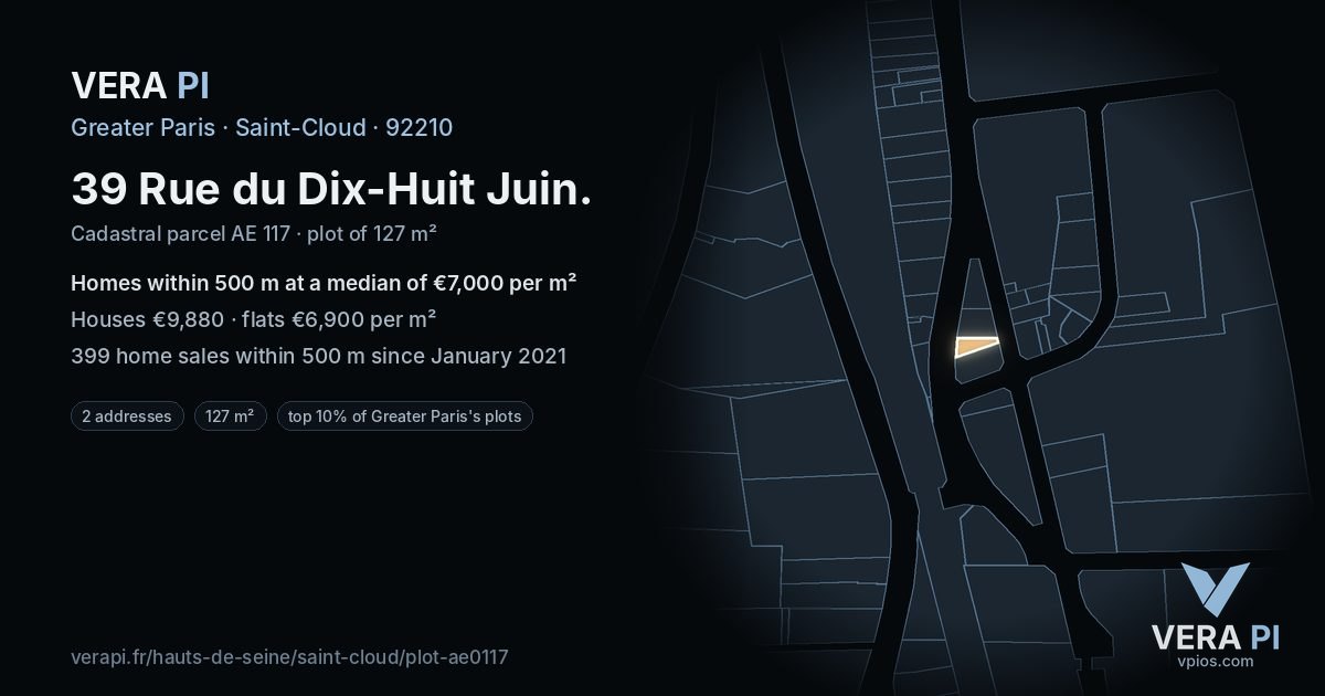 39 Rue du Dix-Huit Juin, Saint-Cloud at night – the plot lit, the parcels around coloured by the prices near them