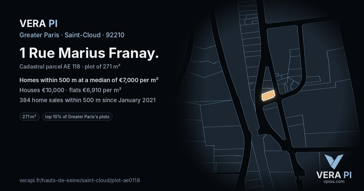1 Rue Marius Franay, Saint-Cloud at night – the plot lit, the parcels around coloured by the prices near them