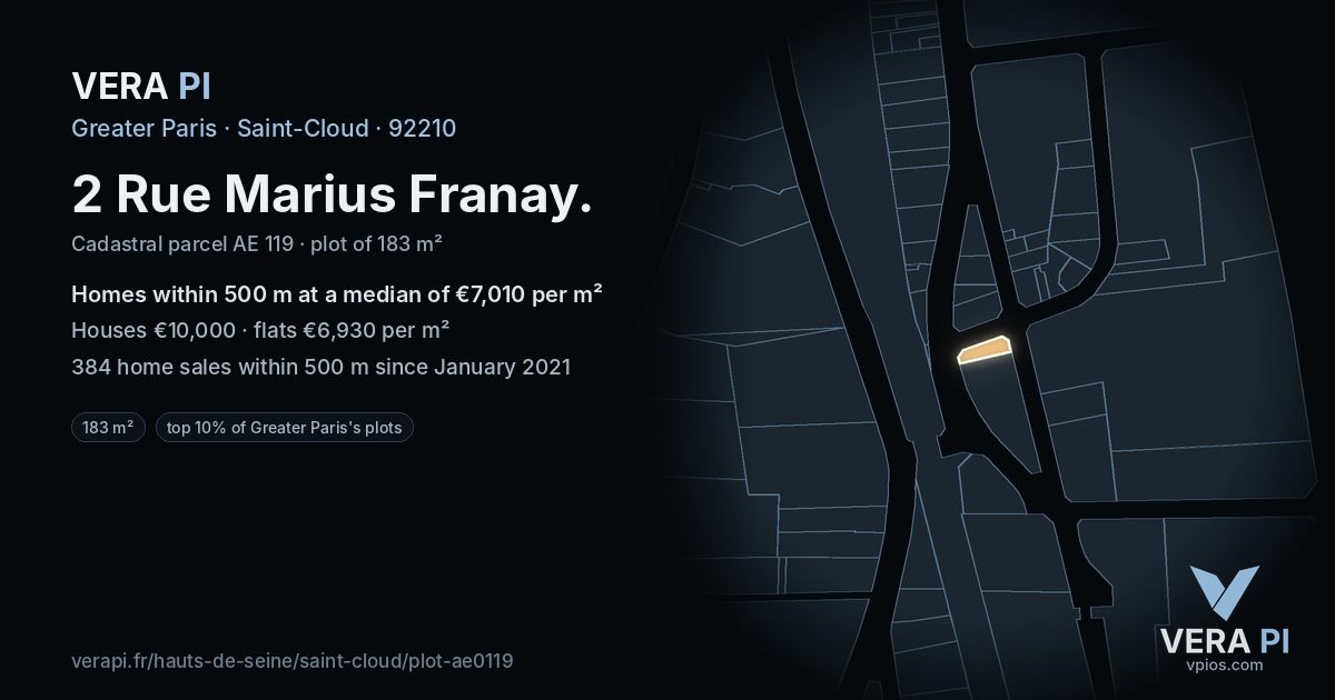 2 Rue Marius Franay, Saint-Cloud at night – the plot lit, the parcels around coloured by the prices near them