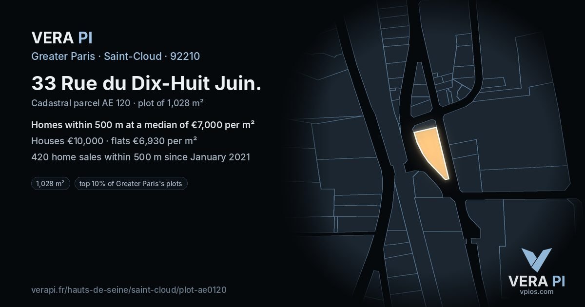 33 Rue du Dix-Huit Juin, Saint-Cloud at night – the plot lit, the parcels around coloured by the prices near them