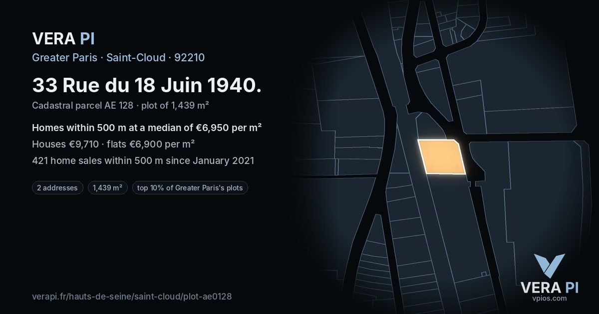 33 Rue du 18 Juin 1940, Saint-Cloud at night – the plot lit, the parcels around coloured by the prices near them