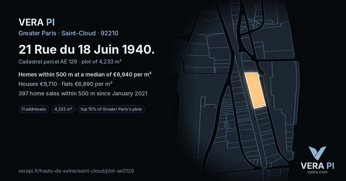 21 Rue du 18 Juin 1940, Saint-Cloud at night – the plot lit, the parcels around coloured by the prices near them