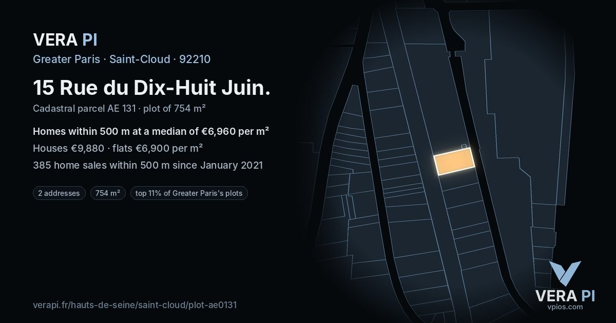 15 Rue du Dix-Huit Juin, Saint-Cloud at night – the plot lit, the parcels around coloured by the prices near them
