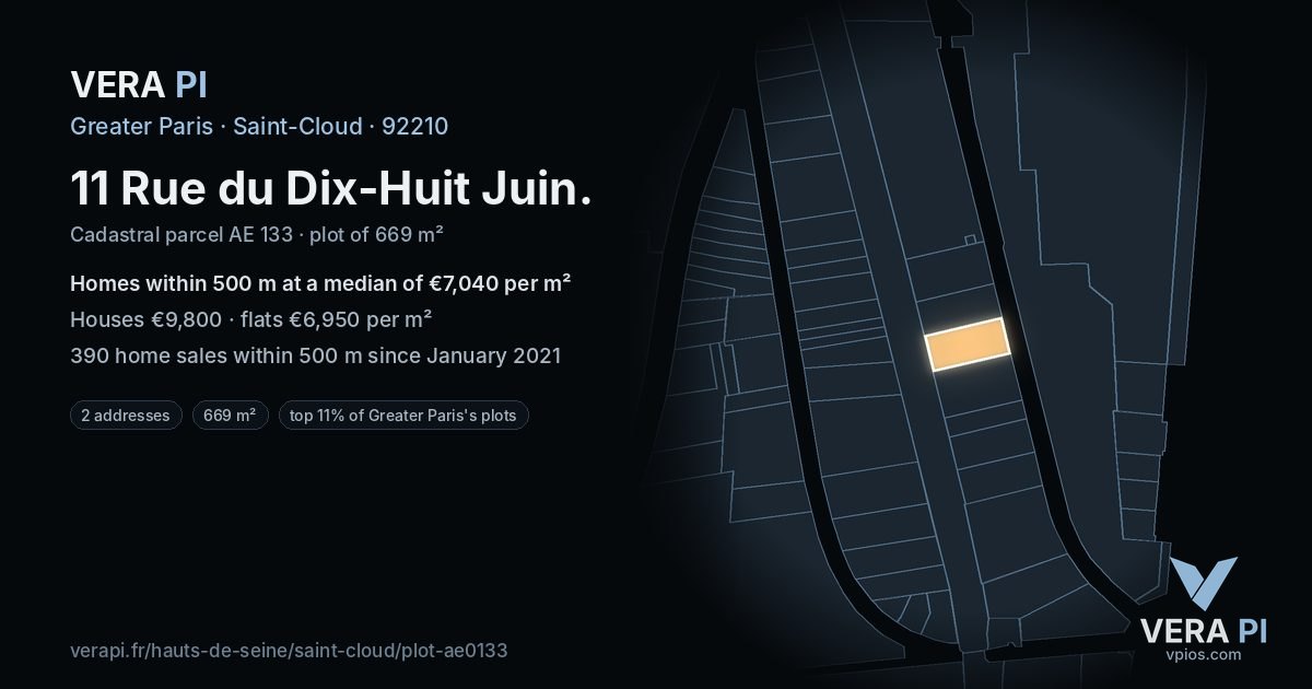 11 Rue du Dix-Huit Juin, Saint-Cloud at night – the plot lit, the parcels around coloured by the prices near them