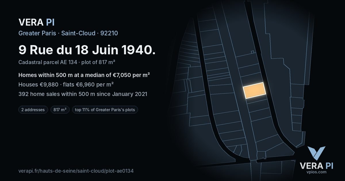 9 Rue du 18 Juin 1940, Saint-Cloud at night – the plot lit, the parcels around coloured by the prices near them