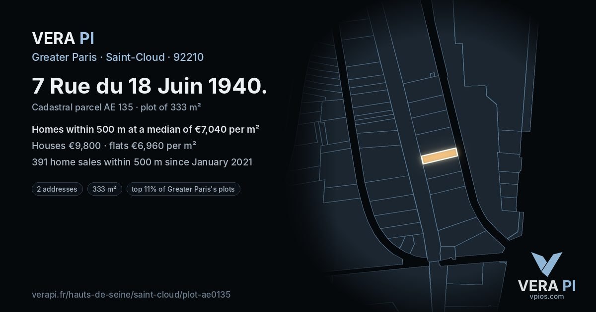 7 Rue du 18 Juin 1940, Saint-Cloud at night – the plot lit, the parcels around coloured by the prices near them