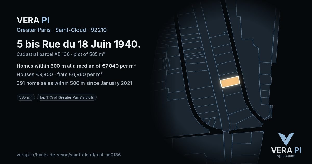 5 bis Rue du 18 Juin 1940, Saint-Cloud at night – the plot lit, the parcels around coloured by the prices near them